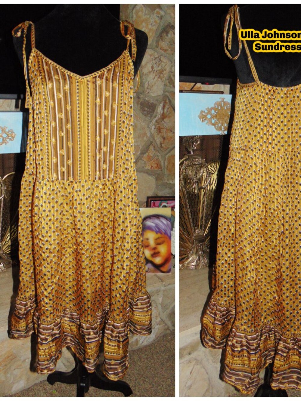 Ulla Johnson Dress Strappy Boho Women's Golden Silk Geometric Midi Sz 6 Classy M